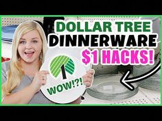 a woman holding up a sign that says dollar tree dinnerware $ 3 stacks wow?