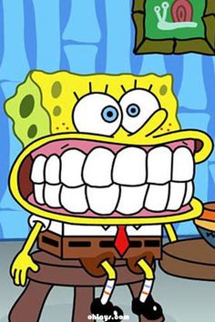 spongebob is smiling with his mouth wide open in front of other cartoon characters