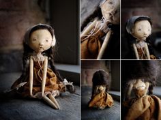 several images of a doll with long hair and brown clothes, sitting on a table