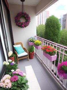 a balcony with potted plants and flowers on it