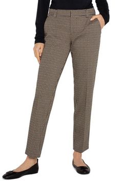 "Find LIVERPOOL Kelsey Check Ankle Pants on Editorialist. Give your work wardrobe a welcome boost in checkered pants that keep you comfortable from 9 to 5 with plenty of pockets. 28 1/2\" inseam; 15\" leg opening; 9 1/2\" front rise; 14 1/2\" back rise (size 8) Zip fly with hook-and-bar closure Front slant pockets; back welt pockets 75% polyester, 22% viscose, 3% elastane Machine wash, tumble dry Imported" Checkered Pants, 9 To 5, Work Wardrobe, Ankle Pants, Sweater Blouse, Outerwear Coats, Polished Look, Black Tan, Black And Tan