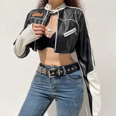 Material : Polyester Decoration: Zipper and patch Design: Spliced Length: Short Collar: Stand-up Style : Grunge Aesthetic Size (cm) Bust Shoulder Length Sleeve Length S 88 38 33 62 M 92 39 34 63 L 96 40 35 64 Size (inch) Bust Shoulder Length Sleeve Length S 34.65 14.96 12.99 24.41 M 36.22 15.35 13.39 24.80 L 37.80 15.75 13.78 25.20 Womens Cropped Jacket, Street Style Jacket, Patchwork Crop Top, 2000s Streetwear, Pu Leather Jacket, Cropped Leather Jacket, Streetwear Aesthetic, Autumn Outfits, Punk Style