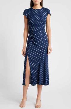 A.L.C. Elvie Short Sleeve Sheath Dress | Nordstrom Polka Dot Midi Dress, Contemporary Chic, Cotton Midi Dress, Fabric Covered Button, Jewel Neck, Dress Cover, Square Necklines, Fabric Gifts, Free Fabric