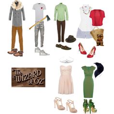 the wizard of oz costume and accessories are arranged on a white background, including shoes