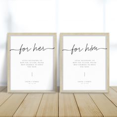 two frames with the words for her and him on them sitting on a wooden table