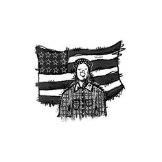 a drawing of a man standing in front of an american flag with the words,