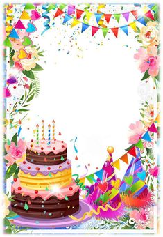 a birthday card with a cake and buntings in the middle, surrounded by colorful flags