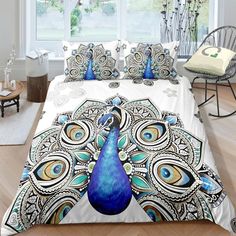 the peacock is sitting on the bed in the room