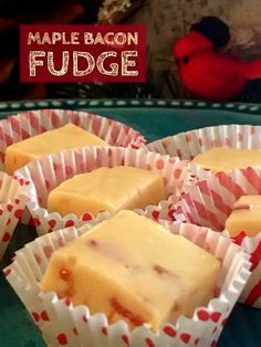 several pieces of fudge sitting in paper cups on a tray next to a red and white bird