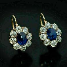 Sapphire And Diamond Earrings, Diamond Cluster Earrings, Vintage Style Earrings, Halo Earrings, Blue Sapphire Diamond, Sapphire Earrings, Fine Earrings, Sapphire Diamond, Oval Cut