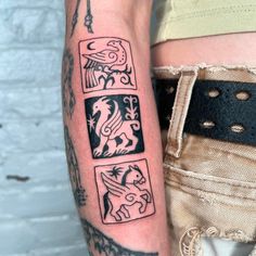 a woman's arm with tattoos on it and four different animals in the squares