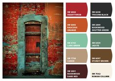 an old red brick wall with a wooden door and window in the center, surrounded by other colors