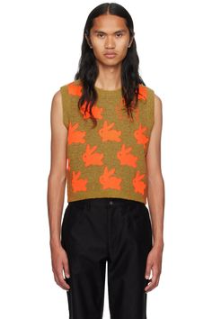 JW Anderson: Tan Bunny Vest | SSENSE Casual Jacquard Knit Vest, Tan Bunny, Jw Anderson, Graphic Patterns, Patch Logo, Rib Knit, Clothing Accessories, Wool Blend, Women Wear