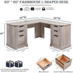 the corner desk with drawers is shown in various sizes and finishes, along with measurements for each drawer