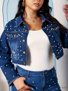 Lasaky - Premium Plus Size Retro Denim Jacket - Womens Solid Raw Trim Faux Pearl Button Up Lapel Collar Crop Jacket Denim Cropped Jacket With Buttons And Long Sleeves, Denim Cropped Jacket With Buttons, Long Sleeve Denim Cropped Jacket With Buttons, Denim Cropped Button-up Jacket With Buttons, Retro Denim Jacket, Button-up Cropped Denim Jacket, Denim Button-up Cropped Jacket, Button-up Denim Cropped Jacket, Luxury Button-up Denim Jacket With Snap Buttons