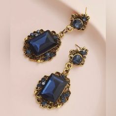 Vintage Large Blue/ Gold Formal Earrings, Excellent Condition- Never Worn, Perfect For A Wedding Or Prom! Blue Earrings Wedding, Navy Blue Earrings, Gold Chandelier Earrings, Long Dangle Earrings, Blue Jewelry, Antique Earrings, Fantasy Jewelry, Girly Jewelry