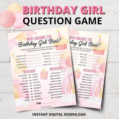 the birthday girl question game is shown with balloons