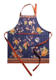 a blue apron with flowers on it and an orange ribbon hanging from the front pocket