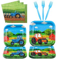 farm scene paper plates with forks and napkins