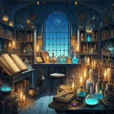 Sorcerer's Study Canvas Fantasy Potion Room, Magic Bubbles, Magical Library Art, Fantasy Rooms Art, Fantasy Aesthetic Decor, Magical Study Room, Magic Study Room, Magical Lantern, Witch Room Art