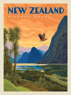 a bird flying over a lush green forest next to mountains and water with the words new zealand on it