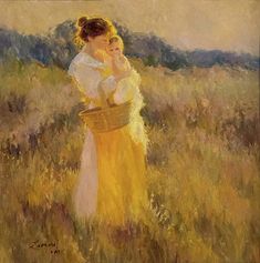 a painting of a woman holding a baby in a yellow dress standing in a field