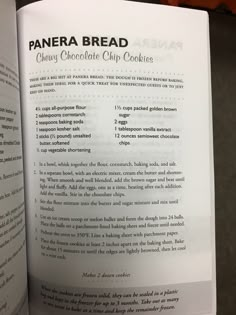 an open book with instructions on how to make panera bread and other chocolate chip cookies