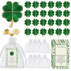 st patrick's day party supplies including shamrock pins, napkins and candy bags