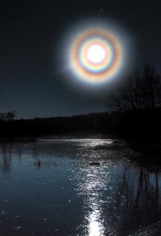 an object is seen in the night sky over a body of water with trees around it