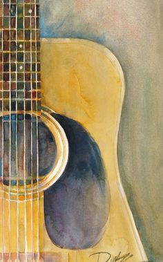 watercolor painting of an acoustic guitar resting on the ground with its fret and strings still attached