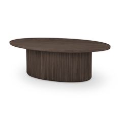 an oval conference table with dark wood grained finish, viewed from the front view