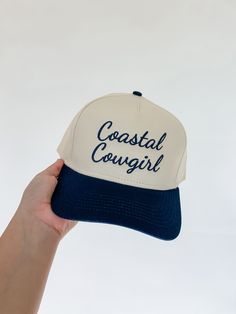 Coastal Cowgirl Embroidered Baseball Hat Adjustable Snapback Color: Cream & Navy Blue Trendy Blue Cotton Snapback Hat, Blue Cotton Trucker Hat For The Beach, Adjustable Navy Embroidered Hat, Blue Short Brim Snapback Hat For Spring, Blue Cotton Snapback Hat For Spring, Blue Cotton Trucker Hat With Letter Print, Blue Hats With Embroidered Logo For Spring, Spring Blue Hats With Embroidered Logo, Blue Spring Hats With Embroidered Logo