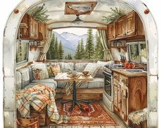 a painting of a living room and kitchen in an rv