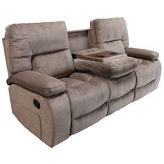 the reclining sofa has two seats and a table on it's back end