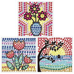 three colorful paintings with flowers in vases on them, one is made out of dots