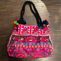 Beautiful Vibrant Never Used Embroidered Casual Or Beach Bag. Colorful Pom Poms. Approximate Measurements 14in X 16in Pink Embroidered Bags For Everyday Use, Summer Pink Embroidered Bags, Red Tote Bag With Floral Embroidery, Red Embroidered Hobo Tote Bag, Red Floral Embroidered Tote Shoulder Bag, Red Floral Embroidered Tote Bag, Red Floral Embroidery Tote Shoulder Bag, Red Embroidered Bag For Daily Use, Red Floral Embroidered Shoulder Bag