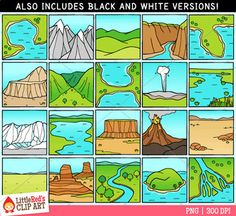 an illustrated landscape with mountains, rivers and lakes in black and white versions for children to color