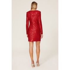 Red sequins (92% Polyester, 8% Spandex). Sheath dress. Plunge neckline. Long sleeves. Back zipper closure. 34" from shoulder to hemline. Imported. Drape Dress, Red Sequin, Rent The Runway, Plunge Neckline, Closet Designs, Draped Dress, Center Stage, Plunging Neckline, Sheath Dress