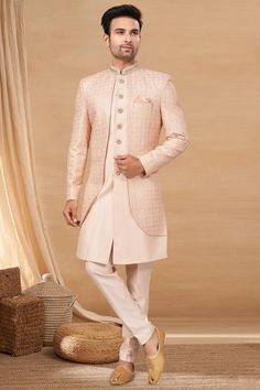 Peach Color Fancy Fabric Readymade Indo Western For Men Elegant Semi-formal Sets For Diwali, Elegant Chikankari Embroidered Nehru Jacket For Semi-formal Occasions, Semi-formal Resham Embroidery Sets For Diwali, Formal Bandhgala With Chikankari Embroidery For Eid, Elegant Nehru Jacket With Chikankari Embroidery For Semi-formal, Semi-formal Sets With Zari Work For Diwali, Formal Eid Bandhgala With Chikankari Embroidery, Festive Semi-formal Sherwani With Pallu, Festive Semi-formal Sets With Chikankari Embroidery