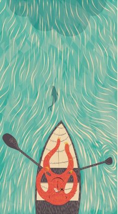 an illustration of a man in a canoe with two oars floating on the water