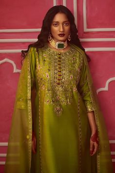 Lime green kurta with zardozi embroidered paisley floral motifs embellished with sequins. Comes with pant and dupatta. - Aza Fashions Unstitched Green Anarkali Set With Intricate Embroidery, Green Chanderi Traditional Wear With Intricate Embroidery, Bollywood Style Pista Green Jamawar Sets, Green Art Silk Sets With Intricate Embroidery, Green Salwar Kameez With Intricate Embroidery For Transitional Season, Embroidered Green Salwar Kameez, Embroidered Green Kundan Salwar Kameez, Transitional Green Salwar Kameez With Intricate Embroidery, Green Resham Embroidery Jamawar Set