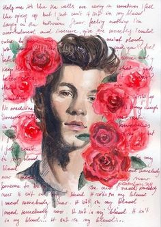 a drawing of a man with roses in his hair