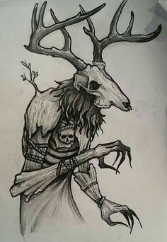 a drawing of a deer with a skull on it's back