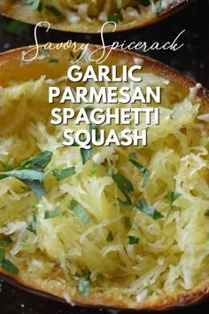 two servings of garlic parmesan spaghetti squash on a black surface with text overlay