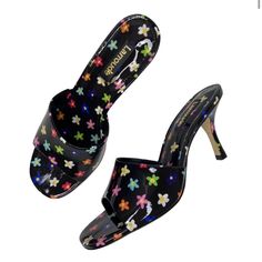 Brand New No Flaws Larroude Collette Mules Protective Bottom Sole Stickers Intact Color Is Black Patent Leather 100% W Multicolor Daisies Size 6.5 Designer Heels For Spring Night Out, Spring Designer Heels In Synthetic Material, Designer Synthetic Heels For Spring, Spring Designer Synthetic Heels, Chic Patent Leather Mules With 4-inch Heel, Calf Leather Mules With Rubber Sole, Open Toe, Patent Leather Mules With 4-inch Heel And Pointed Toe, Patent Leather Mules With 4-inch Heel, Black Mules With Branded Insole, Medium Width