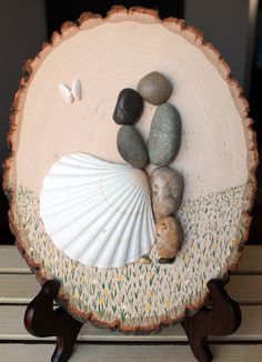 some rocks and shells are on a wooden stand