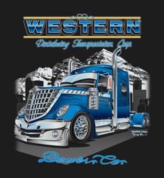 a blue semi truck with the words western on it's side and mountains in the background