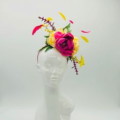 Handmade by Featured Milliner of The Kentucky Derby Museum 2023 & 2024! Pink and yellow flower bouquet. Attaches with headband.  Not taking customs this year--Derby 150 is going to be massive and mom life keeps me running! However, happy to suggest pieces that will coordinate with your outfit. If you don't love the way this attaches to your head--message me!  I can swtich *most* pieces to your preference. Clip, Headband OR Elastic Cord  NOTE: Heavier pieces with extravagant florals etc require t Yellow Mini Hats For Races At Royal Ascot, Yellow Mini Hat For Royal Ascot Races, Yellow Hat Fascinator For Garden Party, Yellow Fascinator For Kentucky Derby Races, Yellow Fascinator Hat For Garden Party, Yellow Fascinator For Royal Ascot Races, Yellow Fascinator For Garden Party, Yellow Fascinator For Kentucky Derby Garden Party, Yellow Hat Headpieces For Kentucky Derby