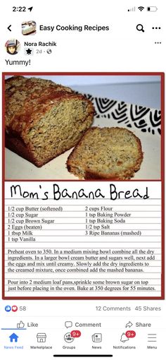 the recipe for banana bread is displayed on an iphone