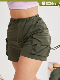 Women's Solid Color Drawstring Waist Cargo Pocket Outdoor Shorts Army Green    Woven Fabric Plain  Slight Stretch  Women Outdoor Apparel, size features are:Bust: ,Length: ,Sleeve Length: Short Cargo, Satin Pj Set, Womens Outdoor Clothing, Casual Preppy Outfits, Shorts Cargo, Cargo Pocket, Sporty Outfits, Pajama Set Women, Color Shorts